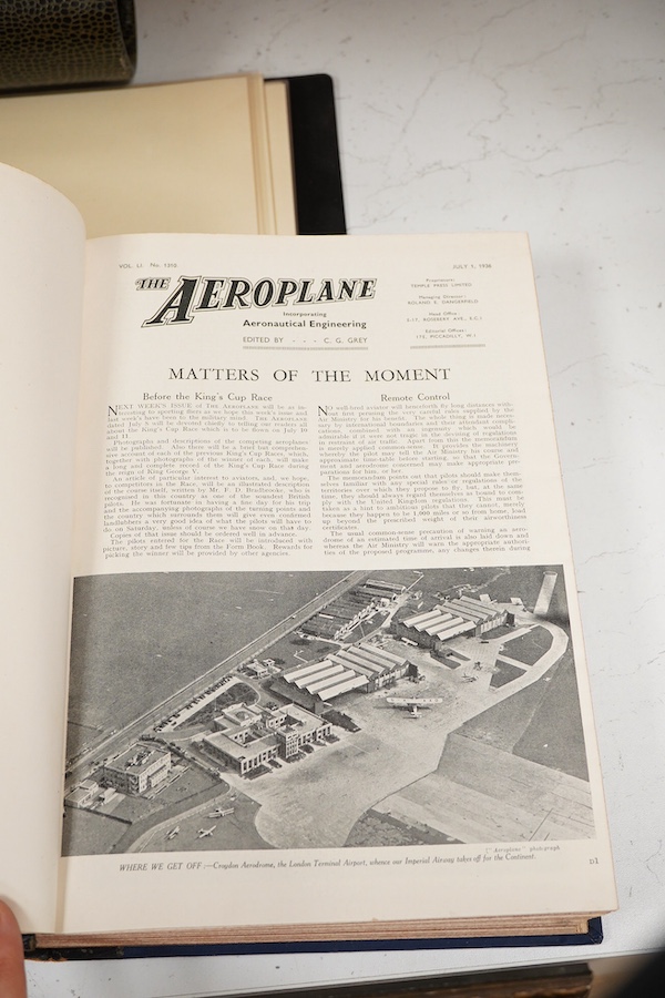 Seven bound volumes of 1930s issues of The Aeroplane magazine, ‘incorporating Aeronautical Engineering’, bound in half year volumes, covering July-Dec 1931, Jan-June 1932, a complete run of 1934, July-Dec 1935, July-Dec